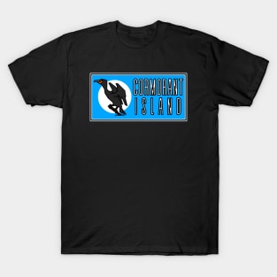 Cormorant Island BC Souvenir - Simple Bird with Tall Text on Blue Background - Cormorant Island T-Shirt